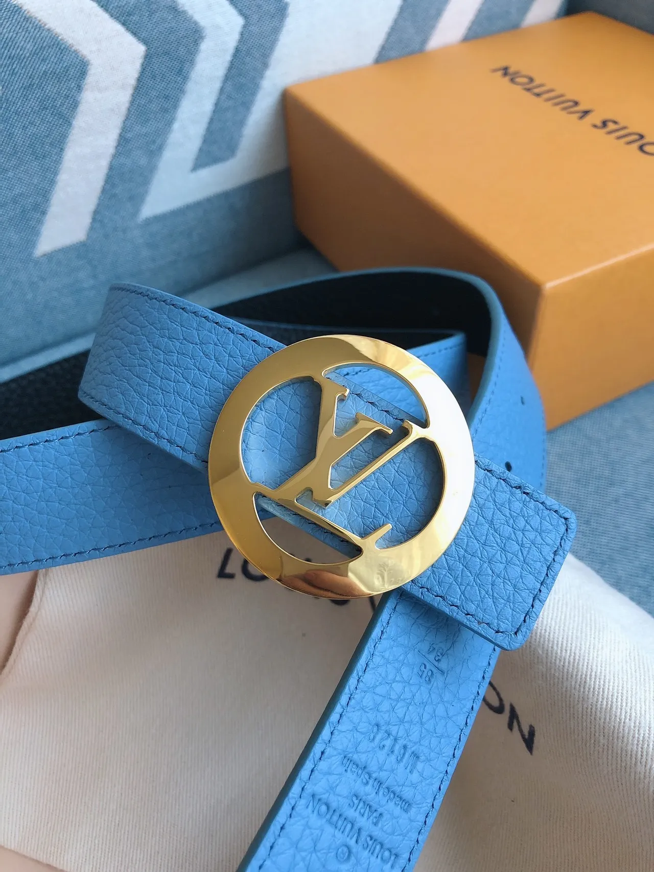 Louis Vuitton Circular Monogram Buckle Light Blue Leather Belt 2