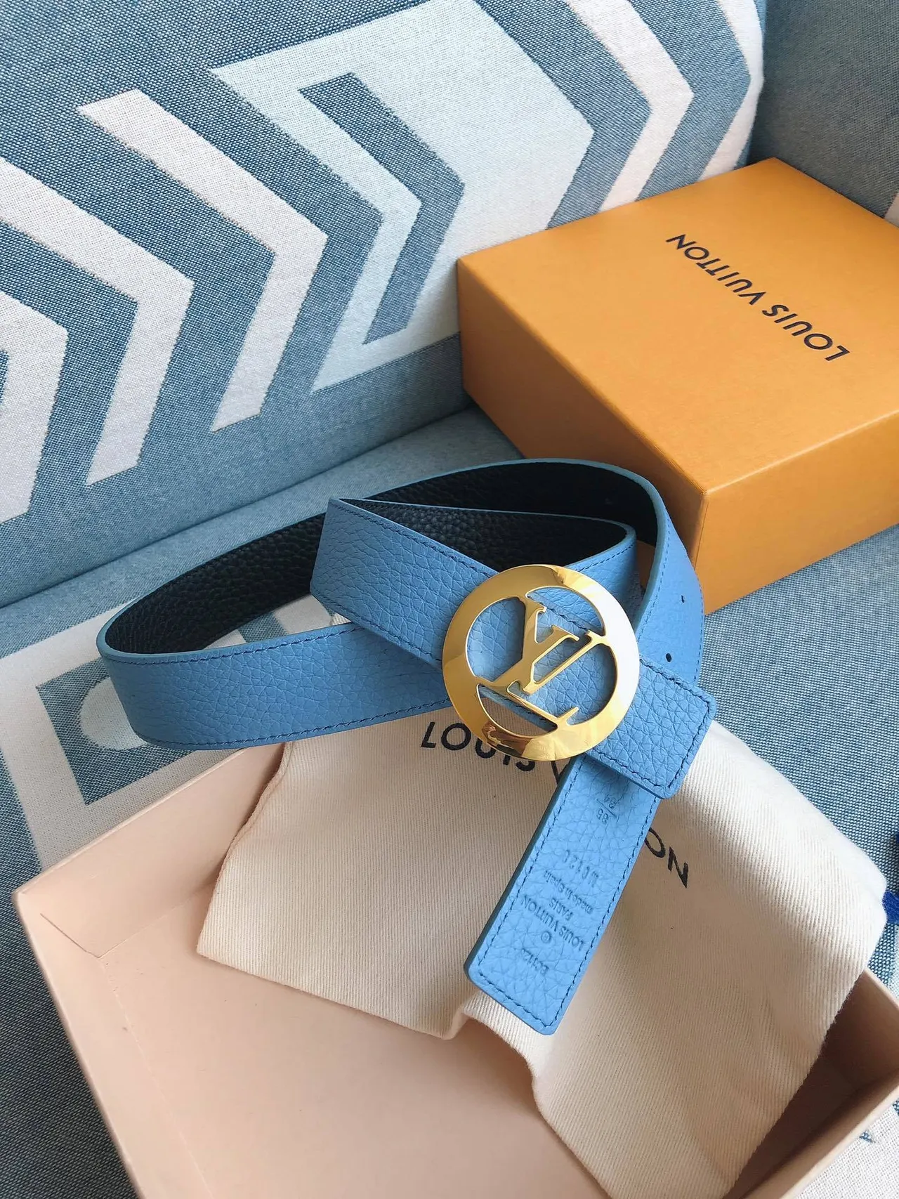 Louis Vuitton Circular Monogram Buckle Light Blue Leather Belt 3