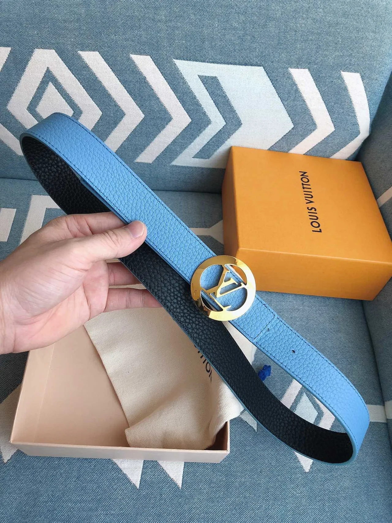 Louis Vuitton Circular Monogram Buckle Light Blue Leather Belt 4