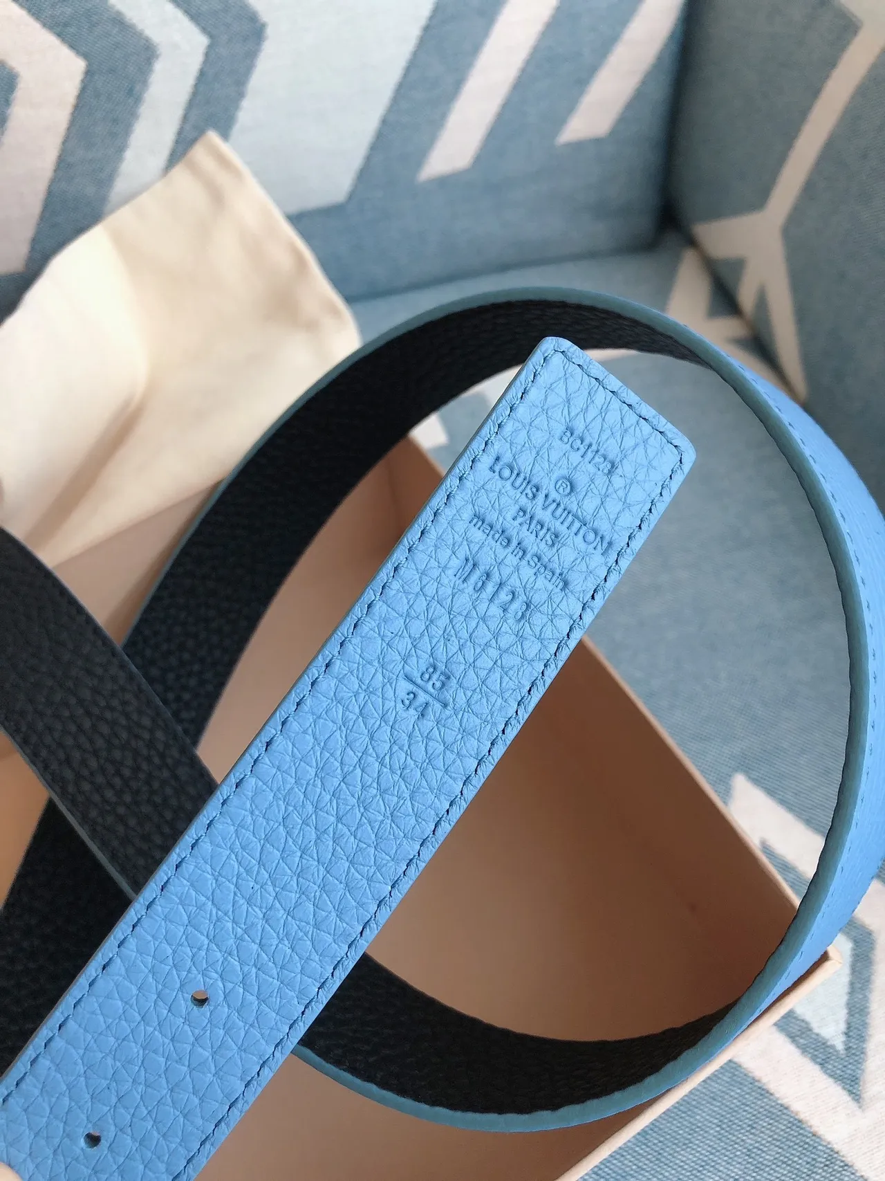 Louis Vuitton Circular Monogram Buckle Light Blue Leather Belt 7