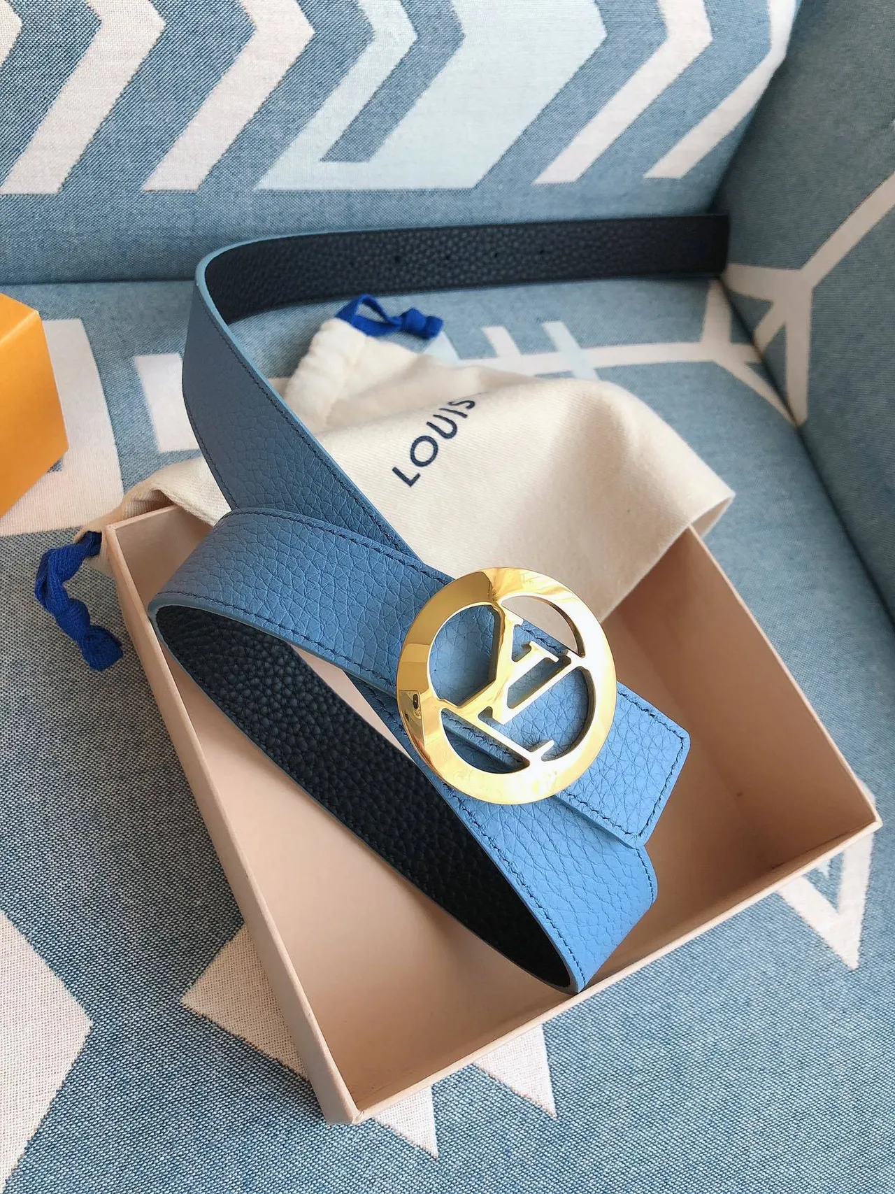 Louis Vuitton Circular Monogram Buckle Light Blue Leather Belt 9