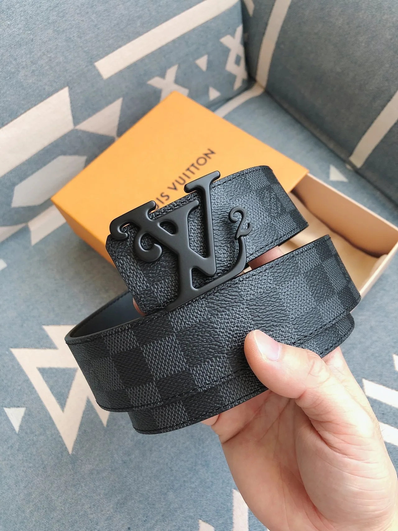 Louis Vuitton Damier Graphite حزام أزرق أسود مربعات منحوت مونوغرام مشبك حزام جلد 2