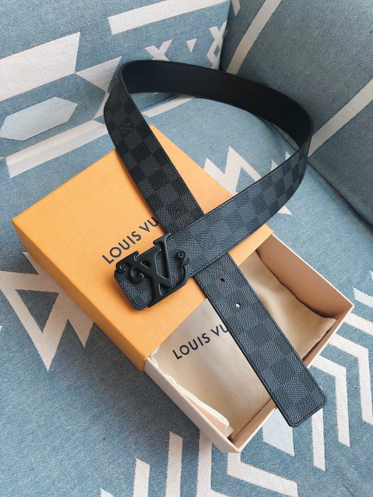 Louis Vuitton Damier Graphite حزام أزرق أسود مربعات منحوت مونوغرام مشبك حزام جلد 3