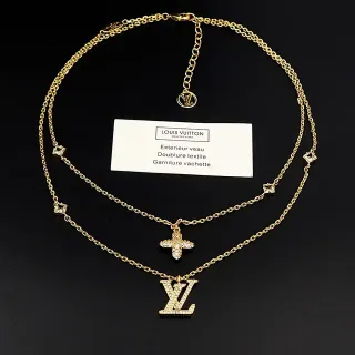 Louis Vuitton Double-Layer Gold-Tone Pavé Crystal LV and Cross Necklace