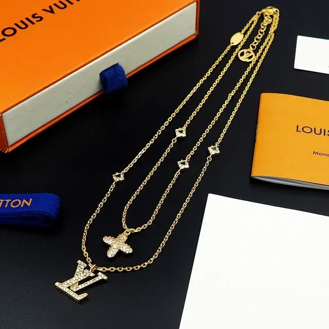 Louis Vuitton Double-Layer Gold-Tone Pavé Crystal LV and Cross Necklace 2