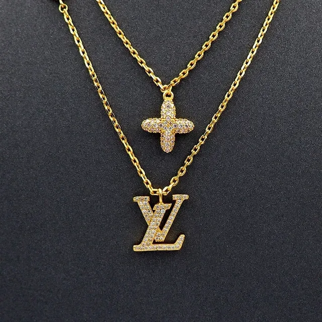 Louis Vuitton Double-Layer Gold-Tone Pavé Crystal LV and Cross Necklace 3