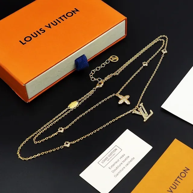 Louis Vuitton Double-Layer Gold-Tone Pavé Crystal LV and Cross Necklace 4