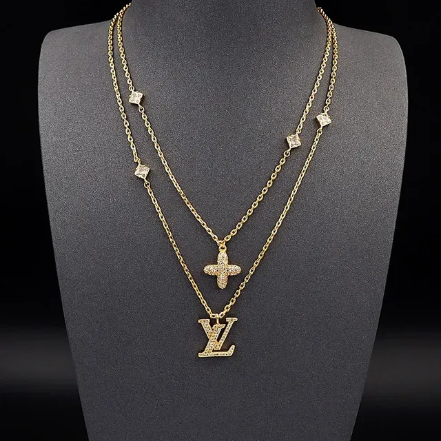 Louis Vuitton Double-Layer Gold-Tone Pavé Crystal LV and Cross Necklace 5