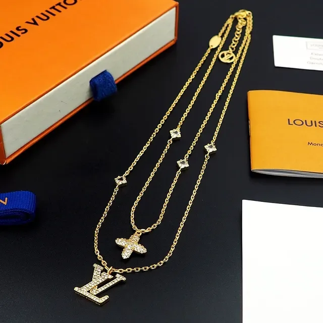 Louis Vuitton Double-Layer Gold-Tone Pavé Crystal LV and Cross Necklace 6