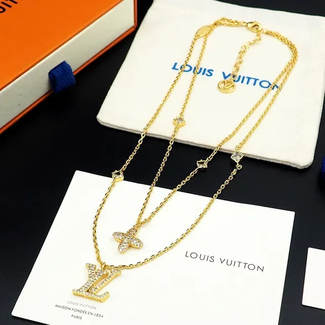 Louis Vuitton Double-Layer Gold-Tone Pavé Crystal LV and Cross Necklace 7