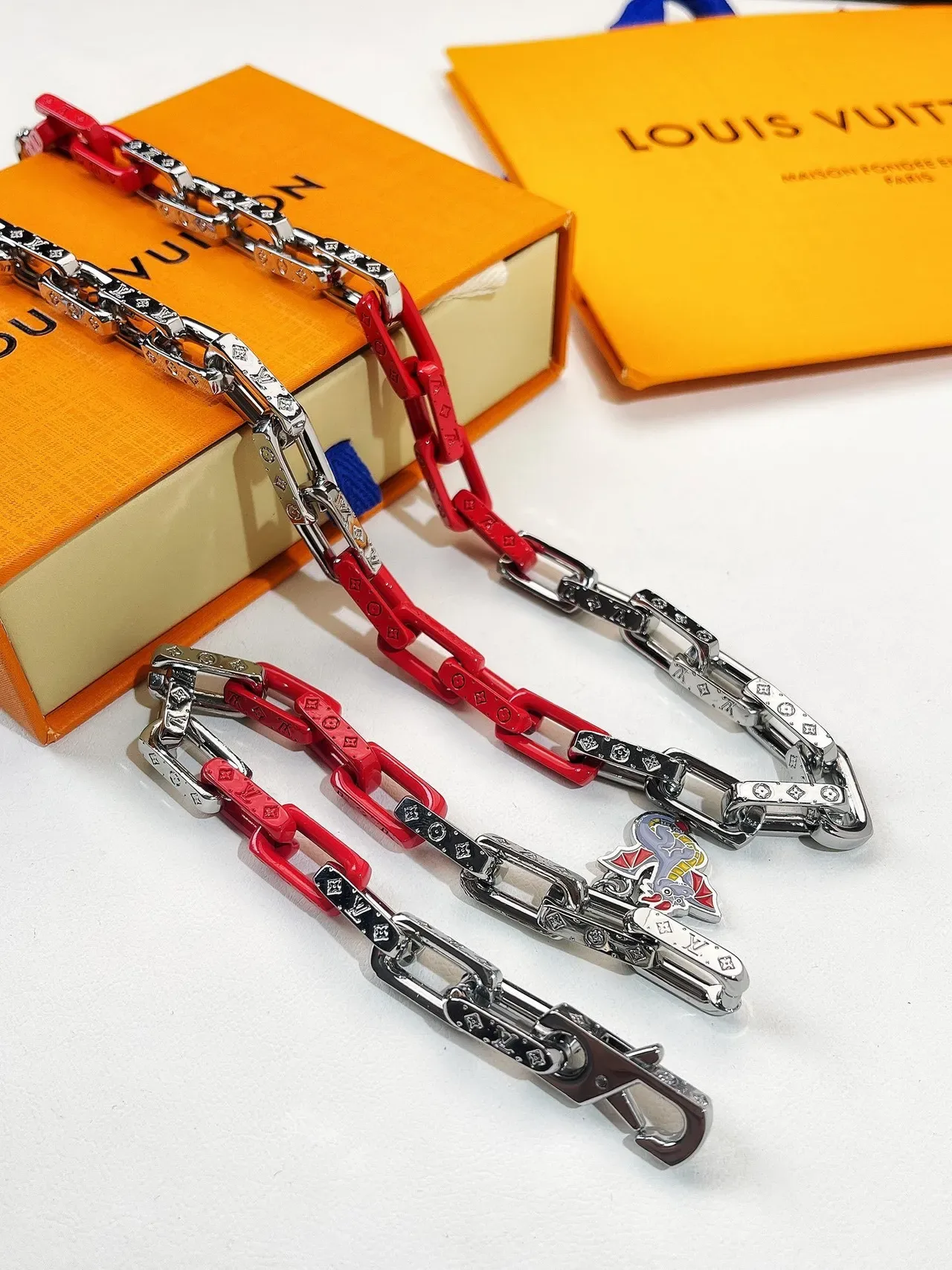 Louis Vuitton Dragon Charm Chain Bracelet Red Silver Enamel-Accented Bracelet 2