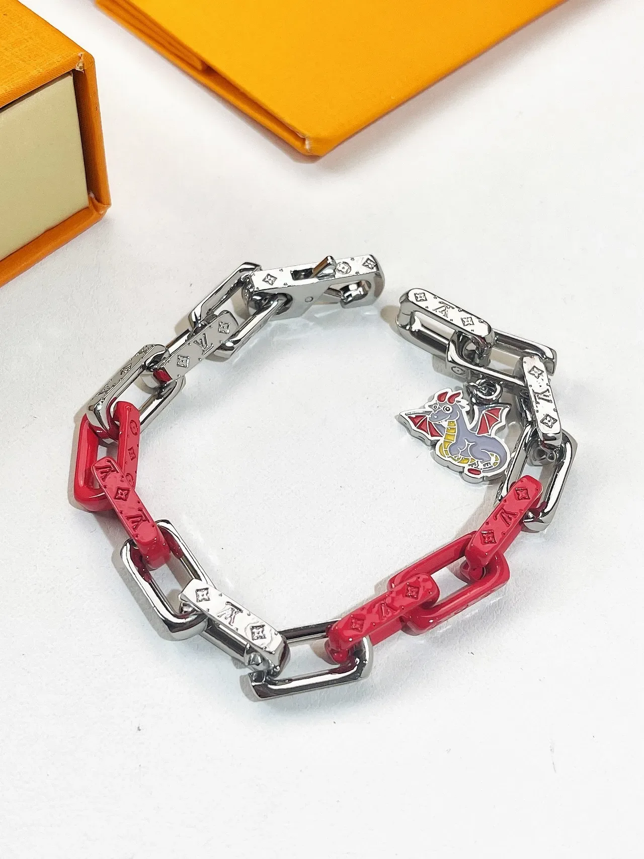 Louis Vuitton Dragon Charm Chain Bracelet Red Silver Enamel-Accented Bracelet 3