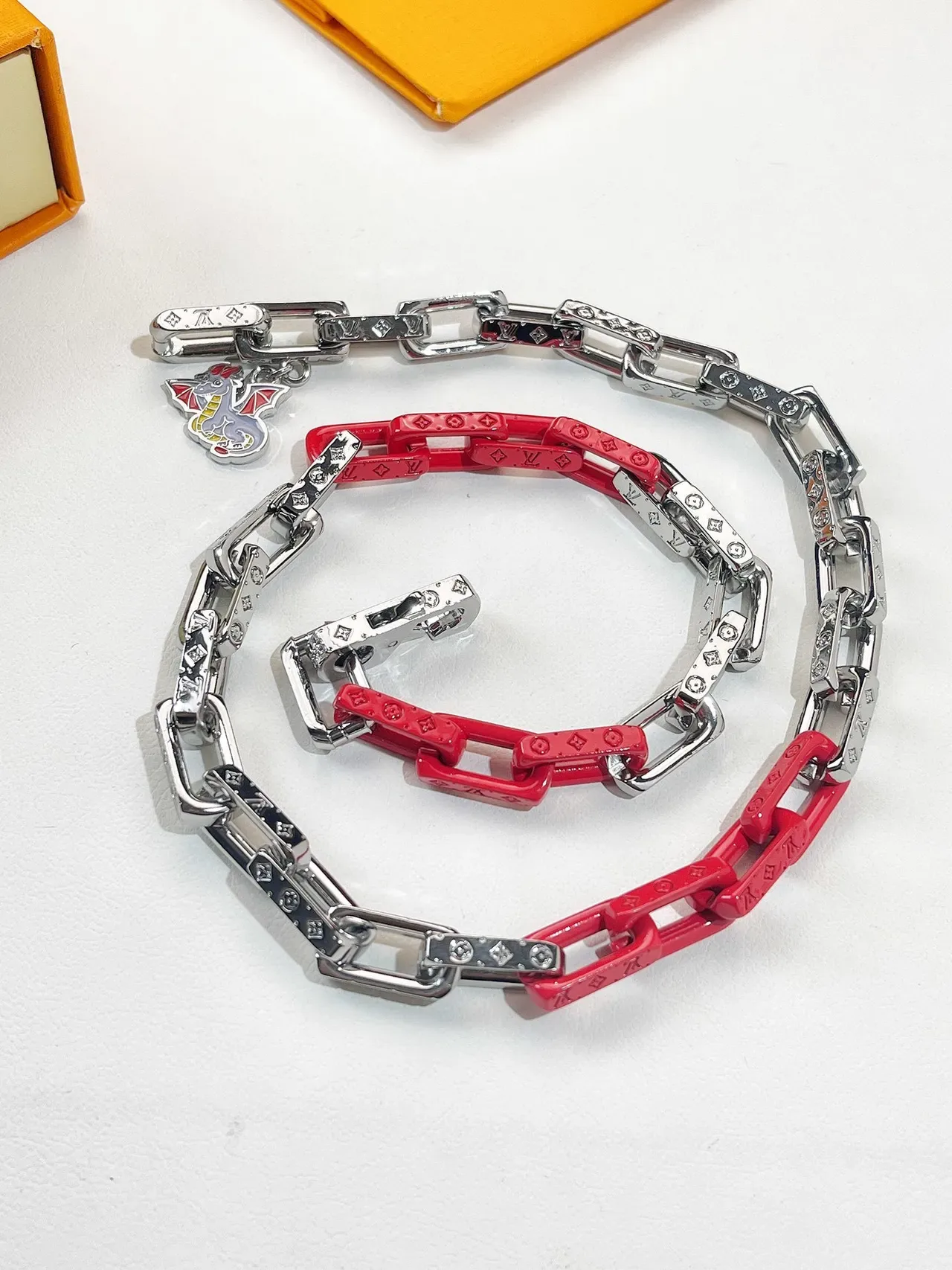 Louis Vuitton Dragon Charm Chain Bracelet Red Silver Enamel-Accented Bracelet 4