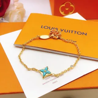Louis Vuitton Motivo de Flor Esmalte Turquesa Cadena de Oro Pulsera