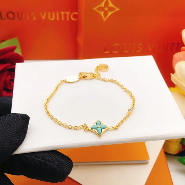 Louis Vuitton Flower Motif Turquoise Enamel Gold Chain Bracelet 3