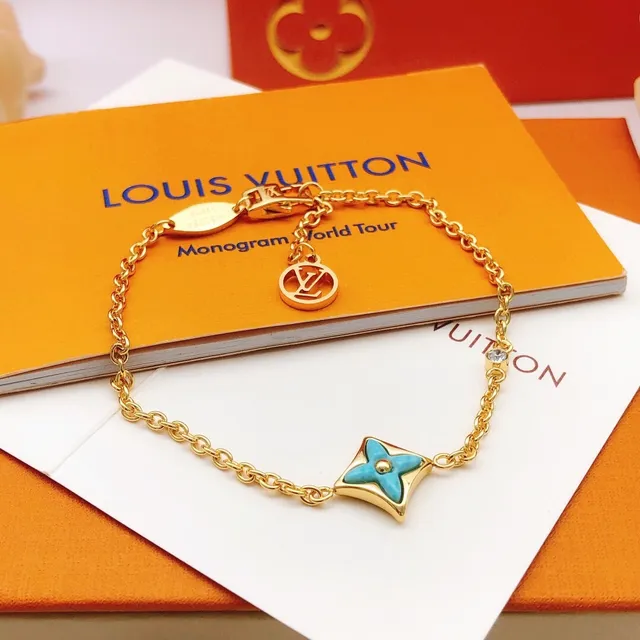 Louis Vuitton Flower Motif Turquoise Enamel Gold Chain Bracelet 4