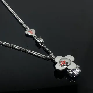 Collier Louis Vuitton Pendentif Fleur Chaîne Curb Argent Rouge Charme Cœur