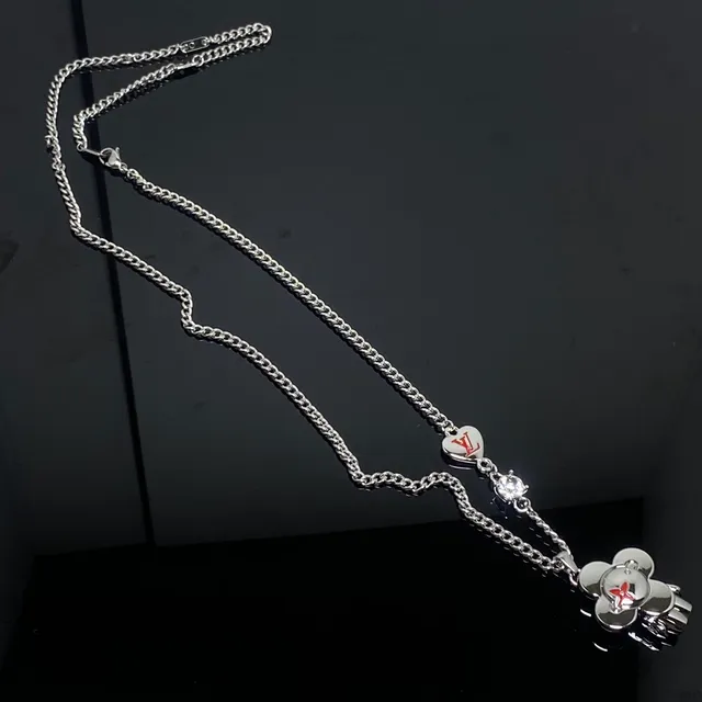 Louis Vuitton Flower Pendant Necklace Silver Red Curb Chain Heart Charm Necklace 2