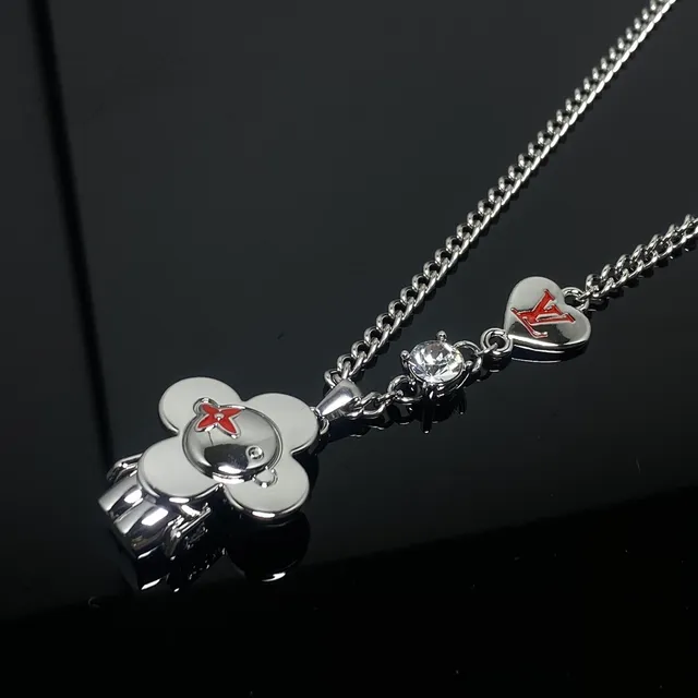 Louis Vuitton Flower Pendant Necklace Silver Red Curb Chain Heart Charm Necklace 3
