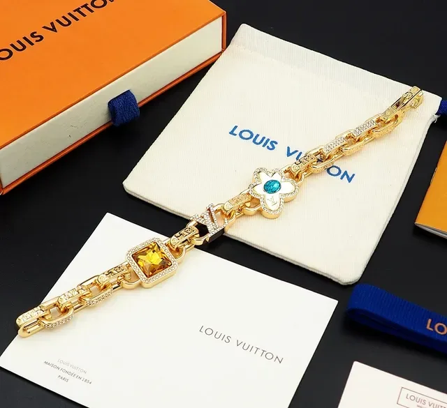 Louis Vuitton Gold Blue Chain-Link Pavé-Crystal Embellished Bracelet 2