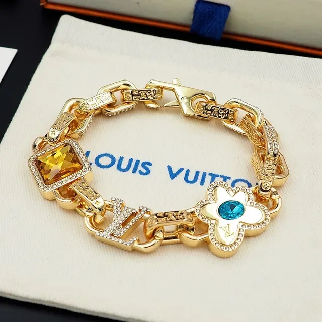 Louis Vuitton Gold Blue Chain-Link Pavé-Crystal Embellished Bracelet 3