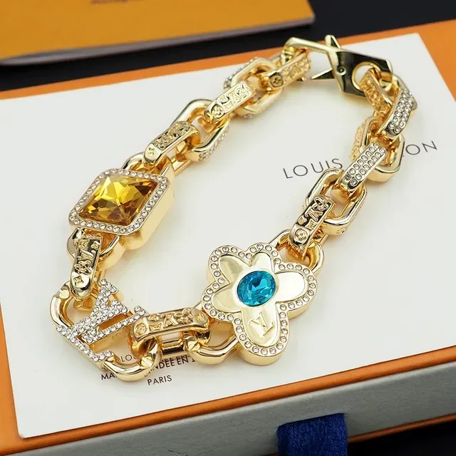 Louis Vuitton Gold Blue Chain-Link Pavé-Crystal Embellished Bracelet 5