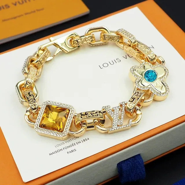 Louis Vuitton Gold Blue Chain-Link Pavé-Crystal Embellished Bracelet 6