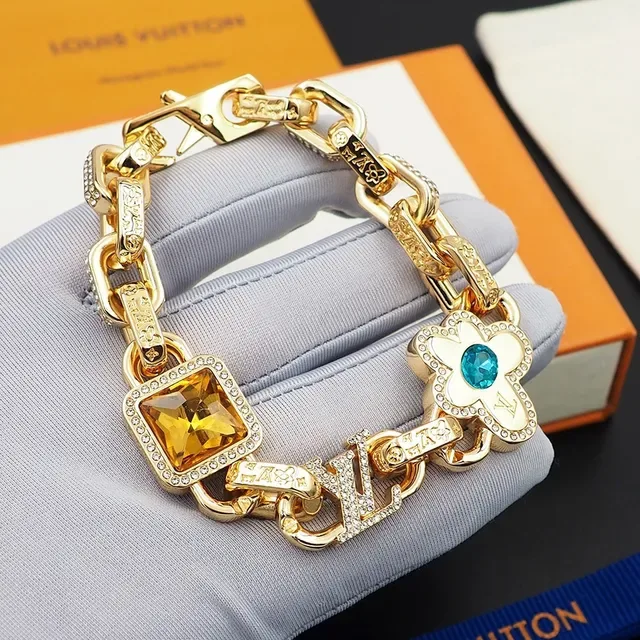 Louis Vuitton Gold Blue Chain-Link Pavé-Crystal Embellished Bracelet 7
