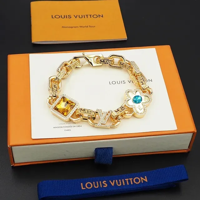 Louis Vuitton Gold Blue Chain-Link Pavé-Crystal Embellished Bracelet 8