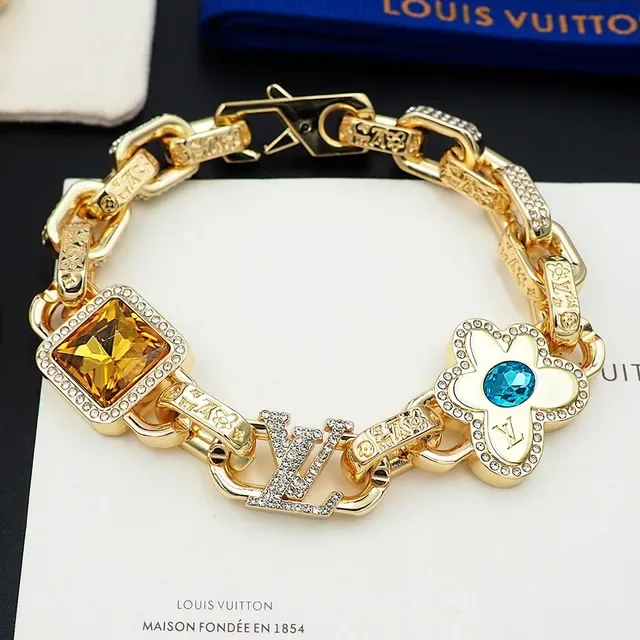 Louis Vuitton Gold Blue Chain-Link Pavé-Crystal Embellished Bracelet 9