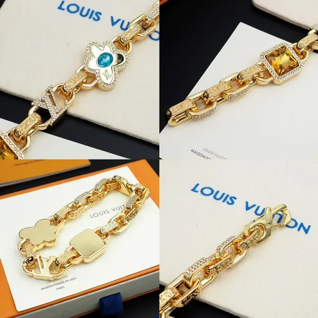 Louis Vuitton Gold Blue Chain-Link Pavé-Crystal Embellished Bracelet 10