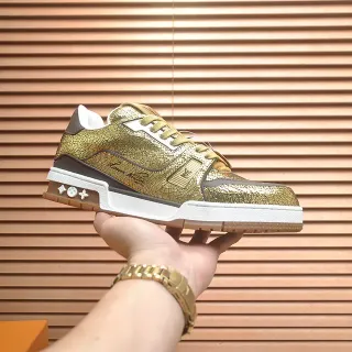 Louis Vuitton Gold Brown Crackled Metallic Upper Layered Sole Lifestyle Sneakers