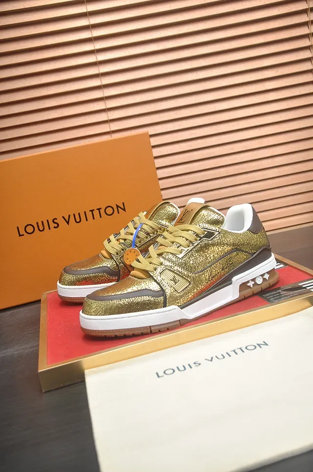 Louis Vuitton Gold Brown Crackled Metallic Upper Layered Sole Lifestyle Sneakers 4