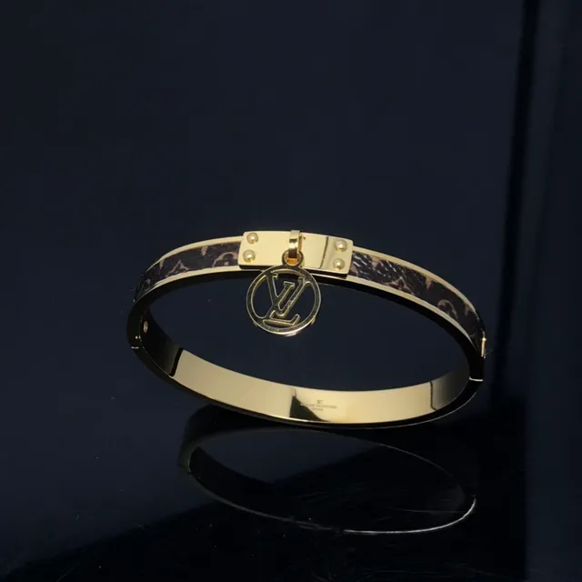 Louis Vuitton Gold Brown Hinged Bangle Monogram Leather Inlay Bracelet 4