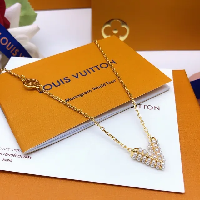 Louis Vuitton Gold Chain Pearl V-Shaped Pendant Necklace 9