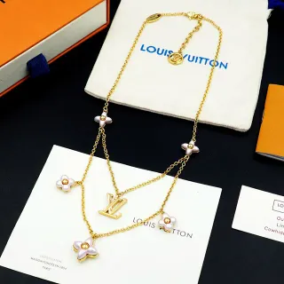 Louis Vuitton Cadena Dorada Rosa Diseño de Colgante de Múltiples Flores Collar