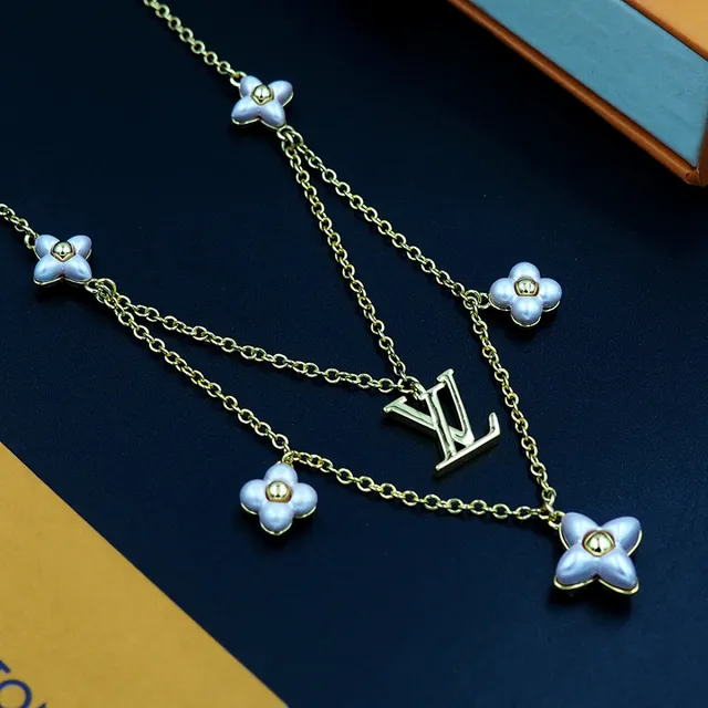 Louis Vuitton Gold Pink Chain Multi-Flower Pendant Design Necklace 2