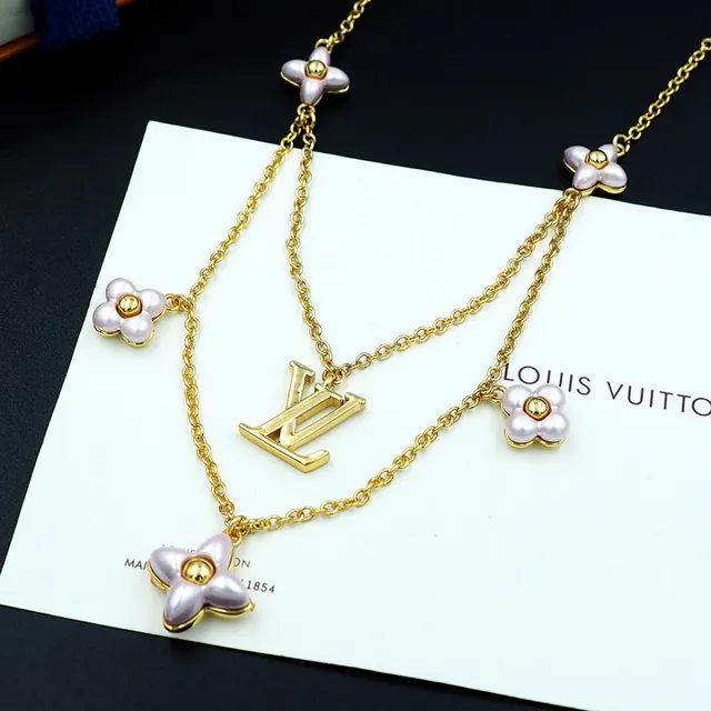 Louis Vuitton Gold Pink Chain Multi-Flower Pendant Design Necklace 3