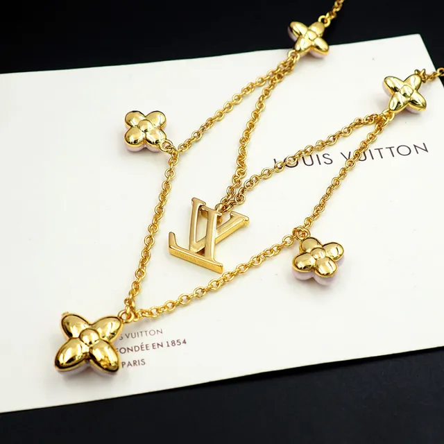 Louis Vuitton Gold Pink Chain Multi-Flower Pendant Design Necklace 4