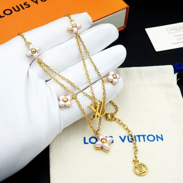 Louis Vuitton Gold Pink Chain Multi-Flower Pendant Design Necklace 6