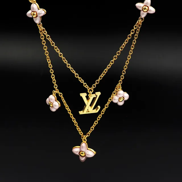 Louis Vuitton Gold Pink Chain Multi-Flower Pendant Design Necklace 8