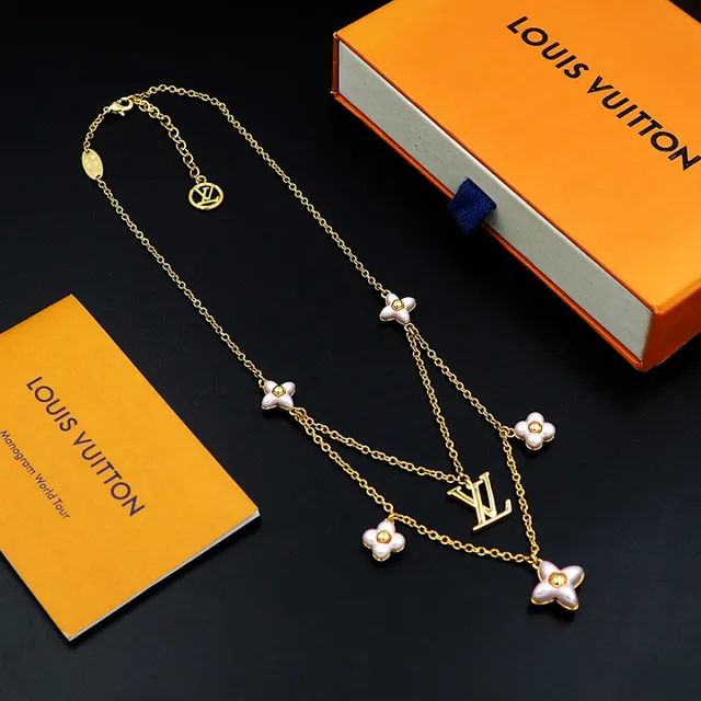 Louis Vuitton Gold Pink Chain Multi-Flower Pendant Design Necklace 9