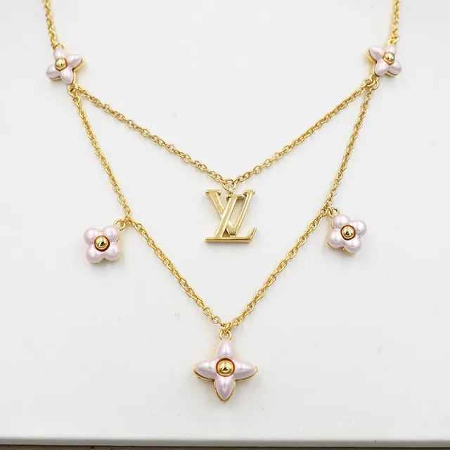 Louis Vuitton Gold Pink Chain Multi-Flower Pendant Design Necklace 10