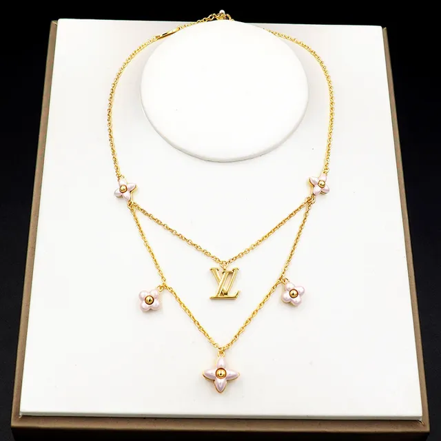 Louis Vuitton Gold Pink Chain Multi-Flower Pendant Design Necklace 11