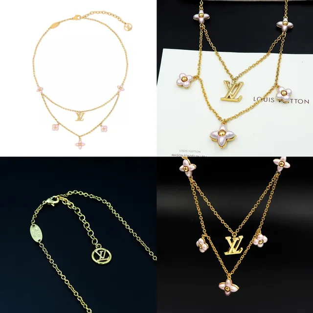 Louis Vuitton Gold Pink Chain Multi-Flower Pendant Design Necklace 12