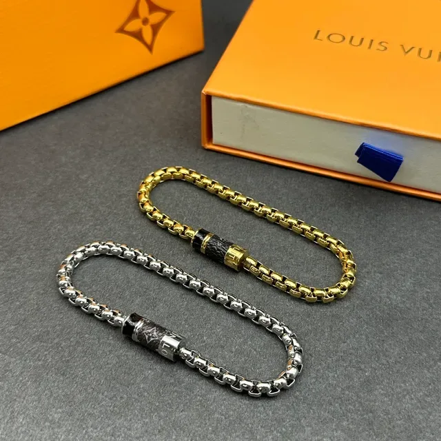 Louis Vuitton Gold Silver Chain-Link Cylindrical Clasp Bracelet 9