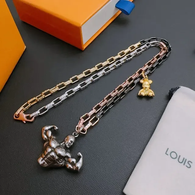 Louis Vuitton Gold Silver Multi-Tone Chain-Link Sculpted Metallic Pendants Necklace 3