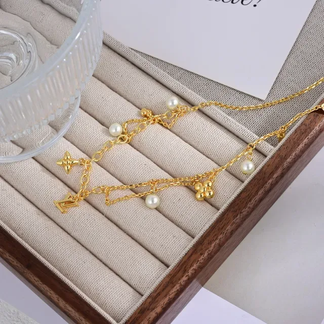 Louis Vuitton Gold White Chain Pearl Accents Bracelet 5