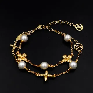 Louis Vuitton Gold White Pulsera Cadena Doble con Acentos de Perla