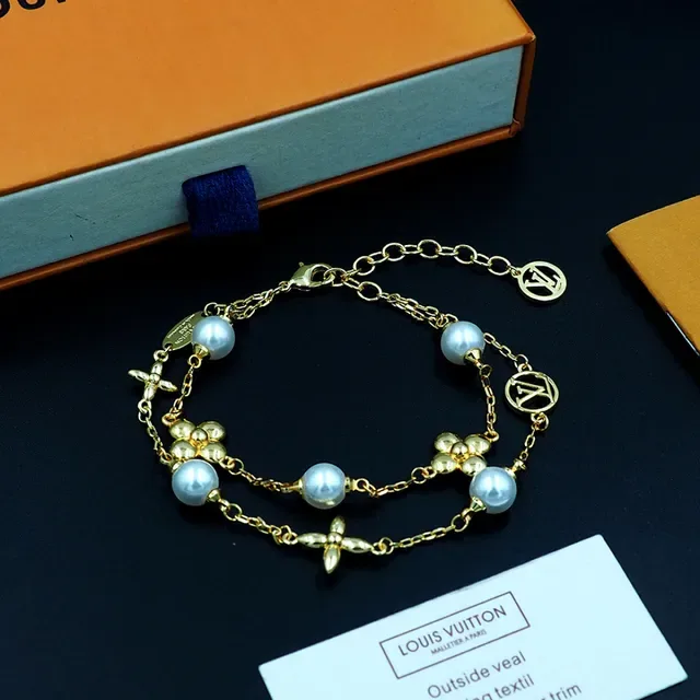Louis Vuitton Gold White Double-Chain Pearl-Accented Bracelet 5